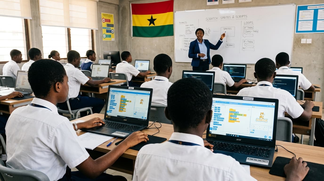 Students coding on laptops in a school computer lab