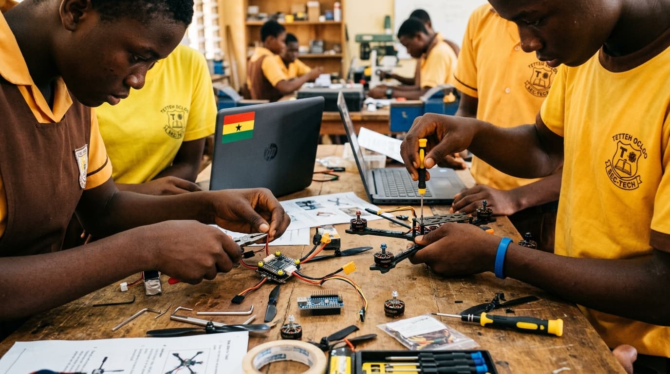 Students wiring electronics for a robot